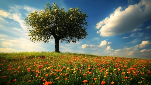 Solitary tree crowns a wildflower meadow under vivid sky