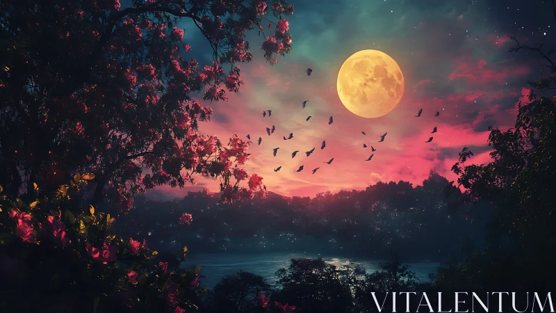 Full moon above lake with silhouetted trees and flying birds.