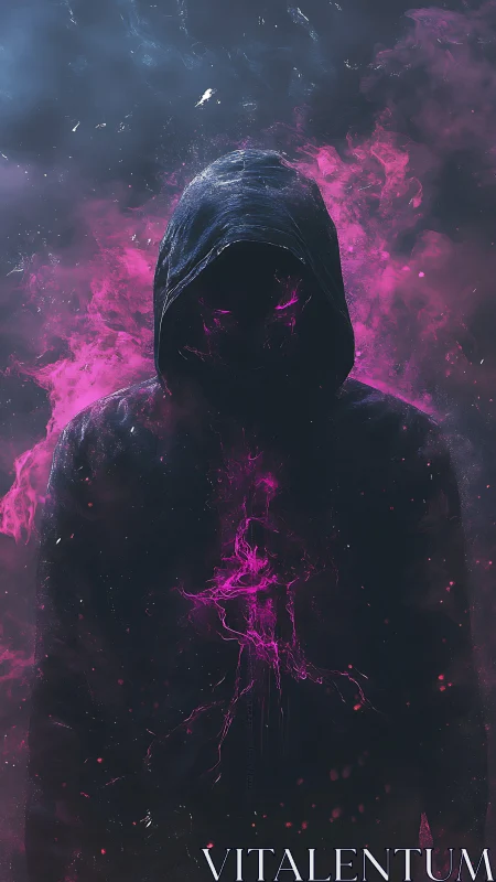 Hooded void silhouette radiates magenta energy in dense vapor field