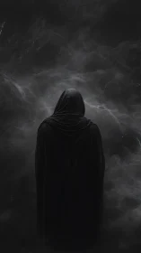 Mysterious cloaked wanderer stands calm within swirling dark mist