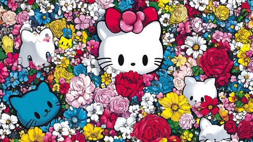 Hello Kitty cartoon faces clustered within dense floral field