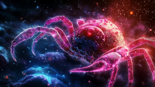 Bioluminescent alien crab floats through cosmic seawater