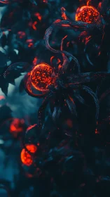 Bioluminescent crimson orbs entwined in dark alien vines.
