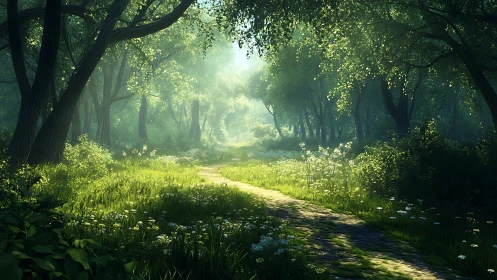 Sunlit Forest Canopy Path Through Ancient Woodland.