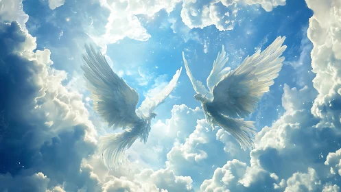 Radiant angelic wings soar through a luminous cloud heaven.
