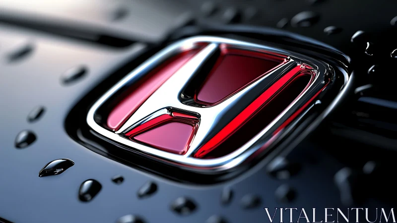 Chrome automotive emblem is mounted on wet black surface