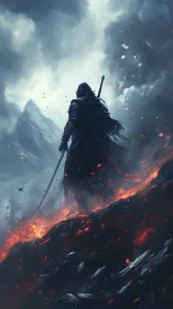Lone shadowed warrior walking through storm and fire.