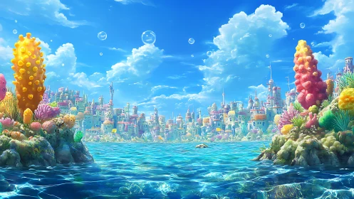 Colorful coral cityscape extends along bright tropical sea