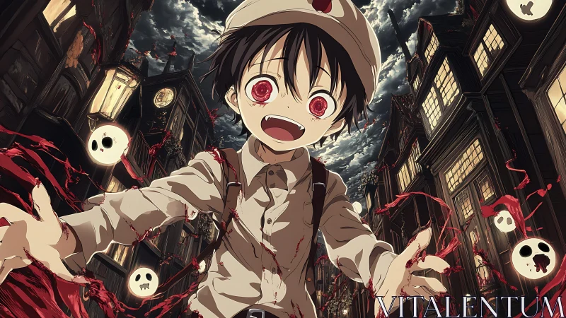Bloodlit anime boy stalks haunted alley under storm sky.