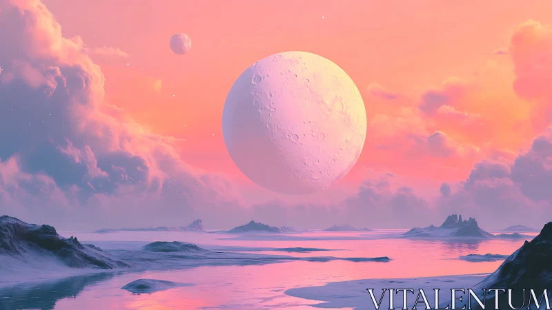 Moonrise drifts over cotton-candy seas on an alien dawn