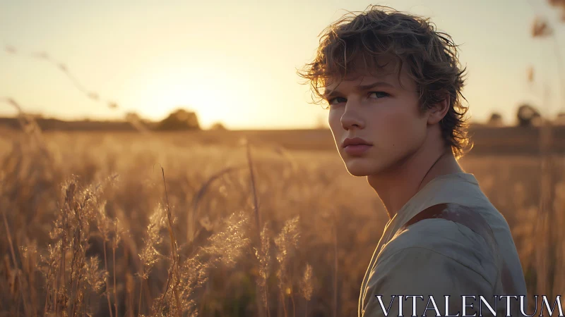 Sunlit young man gazing back in golden field at dusk.