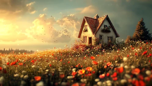 Small cottage in glowing wildflower meadow at sunset.