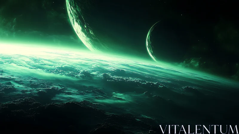 Green lit alien horizon with two distant planets viewed.