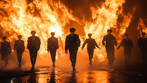 Silhouetted Figures Navigate Towering Inferno.