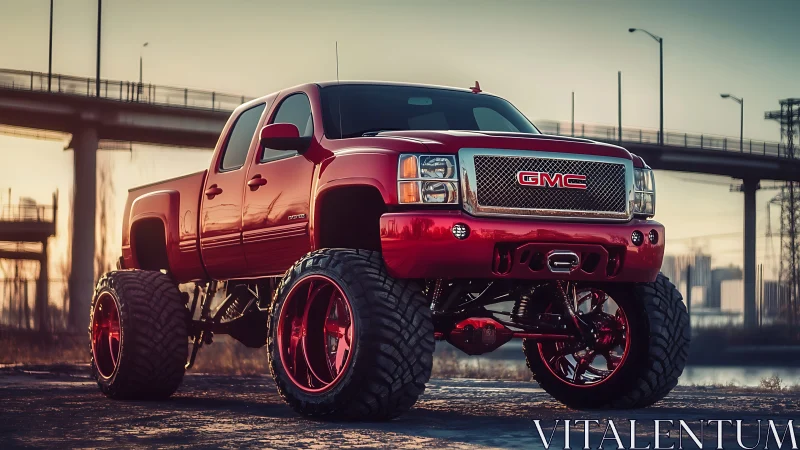 Lifted red GMC truck dominates industrial sunset landscape