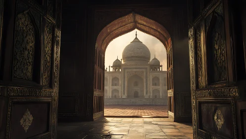 Taj Mahal framed through ornate gateway at sunrise.