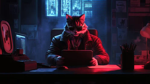 Midnight cyber-sleuth cat coolly cracks codes in neon haze