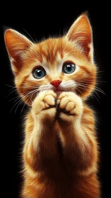 Ginger Tabby Kitten with Azure Eyes Against Black Background.