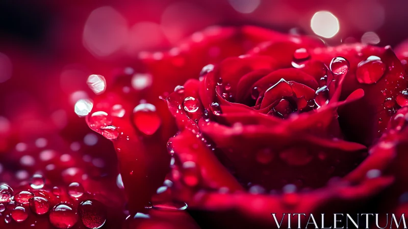 Macro-magnified red rose petals with spherical water droplets exhibiting depth-of-field bokeh.