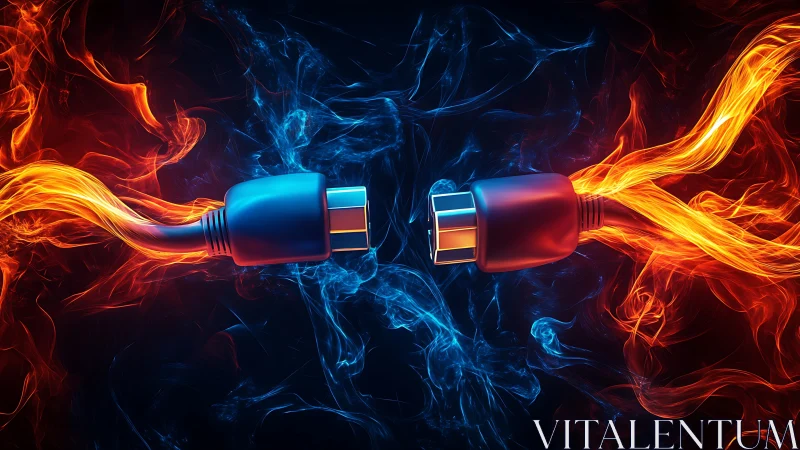 High-voltage plasma connectors with opposing blue and orange energy discharge.