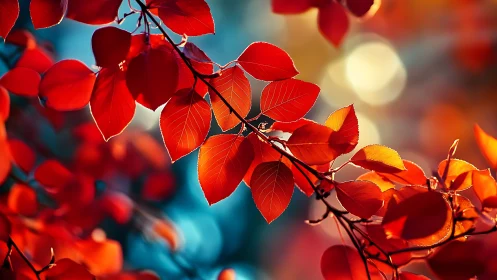 Scarlet autumn leaves glowing against soft bokeh light.