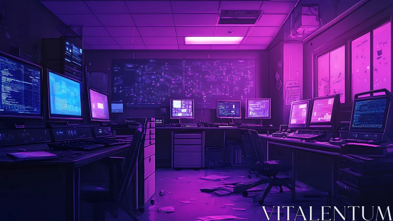 Neon-lit cyber operations center renders network analysis in violet