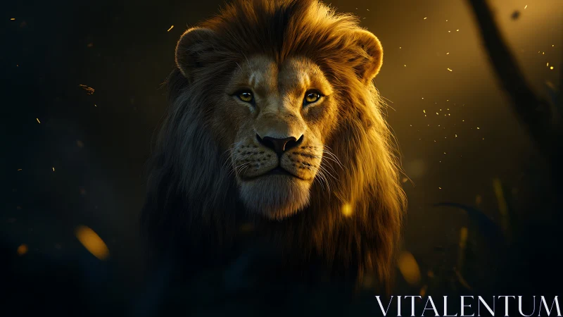 Majestic lion portrait glows against dark golden bokeh haze