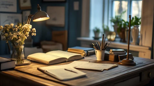 Cozy wooden writing desk under warm evening lamplight.