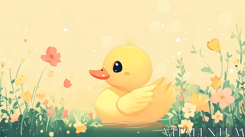 Yellow cartoon duck sits in shallow water among flowers