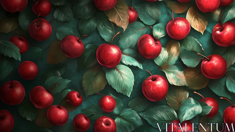 Lush red apples rest among teal leaves in rich harmony.