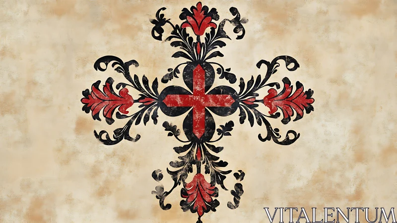 Decorative red cross with ornate black floral scrolls.