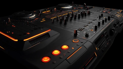 Futuristic DJ controller with orange illuminated controls.