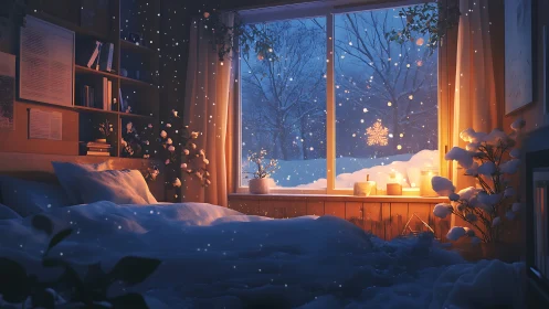Cozy winter bedroom glows against a softly falling snowfall.