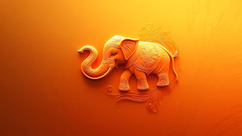 Ornate 3D elephant relief glows on radiant orange gradient