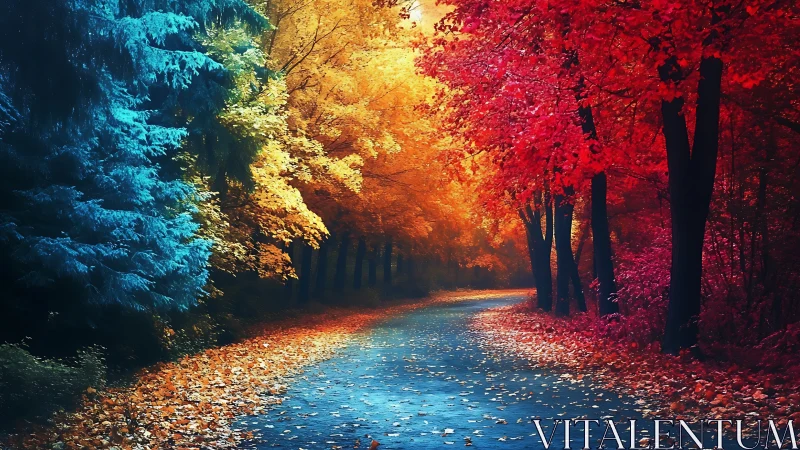 Color-kissed forest path curls through vivid autumn light