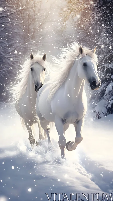Twin white horses gallop through backlit snowfall in winter forest