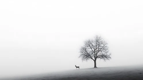 Solitary deer consults the last winter tree in drifting fog