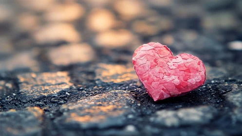 A Delicate Pink Heart Rests on Weathered Stone