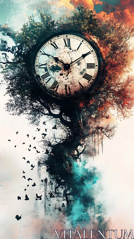 Time sprouts from a painted tree, spilling birds and smoke