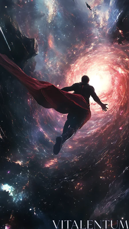 Cloaked hero floats toward glowing cosmic vortex portal.