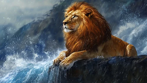 Storm-drenched lion pauses atop roaring ocean cliffs