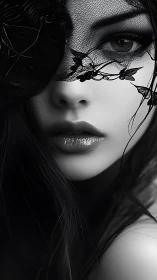 Monochrome female portrait with lace veil and high-gloss lips
