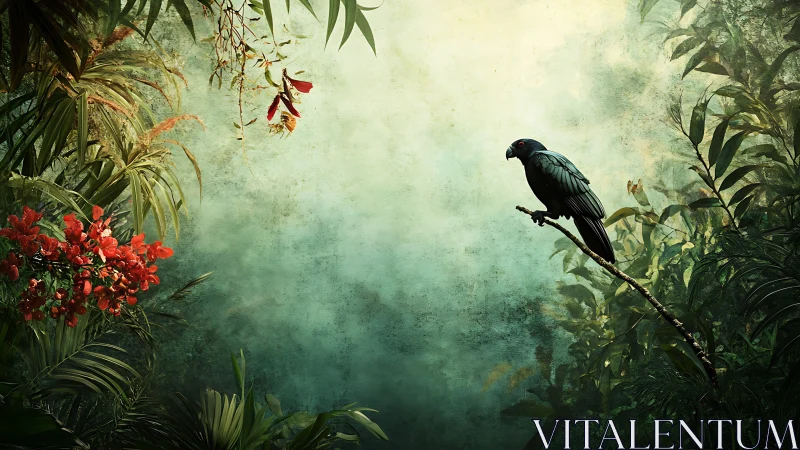 Solitary dark parrot on branch in dense tropical foliage.