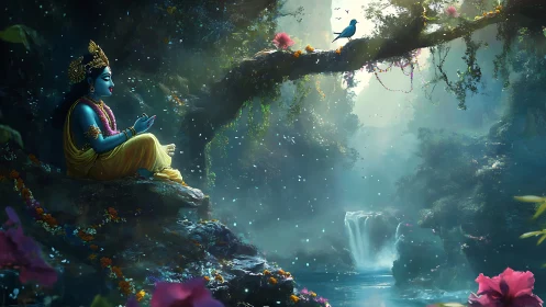 Divine blue figure seated by forest waterfall in light