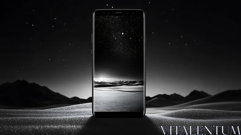 Bezel-less smartphone in monochrome desert under star field