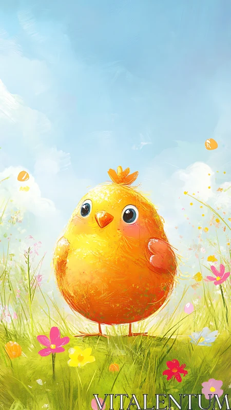 Golden Chick in Spring Meadow With Vibrant Blooms