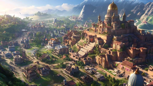 Sunlit fantasy hilltop city crowned by a golden palace.