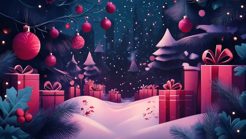 Snowy forest gift corridor rendered in stylized bokeh lighting