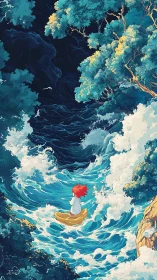 Solitary child adrift in luminous storm-tossed waters.