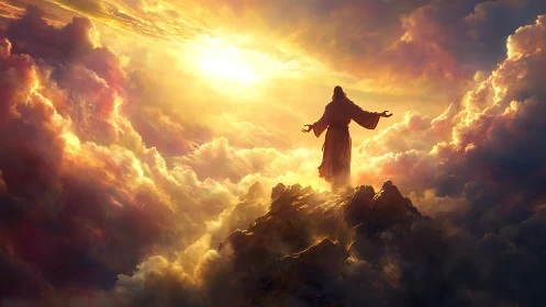Radiant robed figure on sunlit peak above glowing clouds.